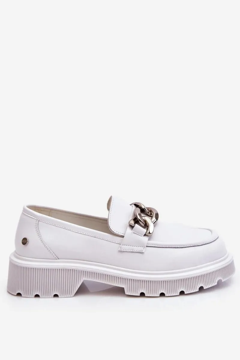 Mokasyny Damskie Skórzane>GOE Skórzane Mokasyny Z Łańcuchem LL2N4038 Białe