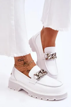Mokasyny Damskie Skórzane>GOE Skórzane Mokasyny Z Łańcuchem LL2N4038 Białe
