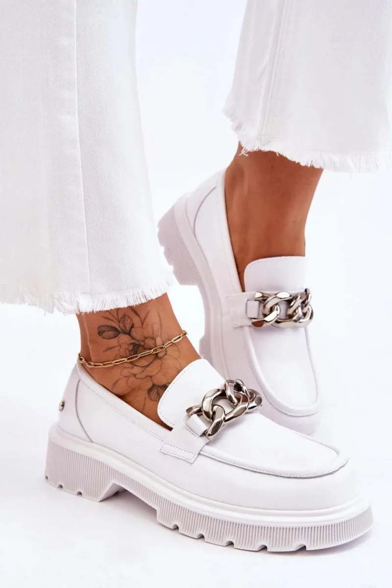 Mokasyny Damskie Skórzane>GOE Skórzane Mokasyny Z Łańcuchem LL2N4038 Białe