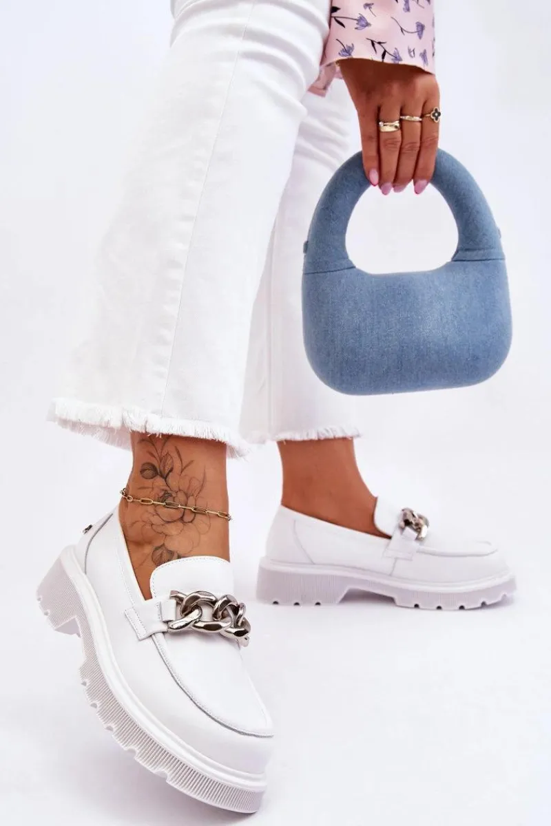 Mokasyny Damskie Skórzane>GOE Skórzane Mokasyny Z Łańcuchem LL2N4038 Białe