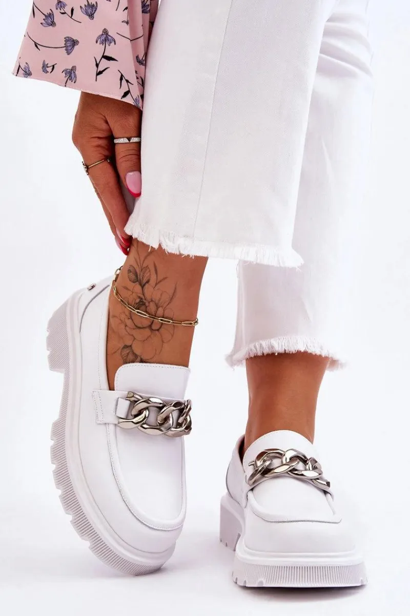 Mokasyny Damskie Skórzane>GOE Skórzane Mokasyny Z Łańcuchem LL2N4038 Białe