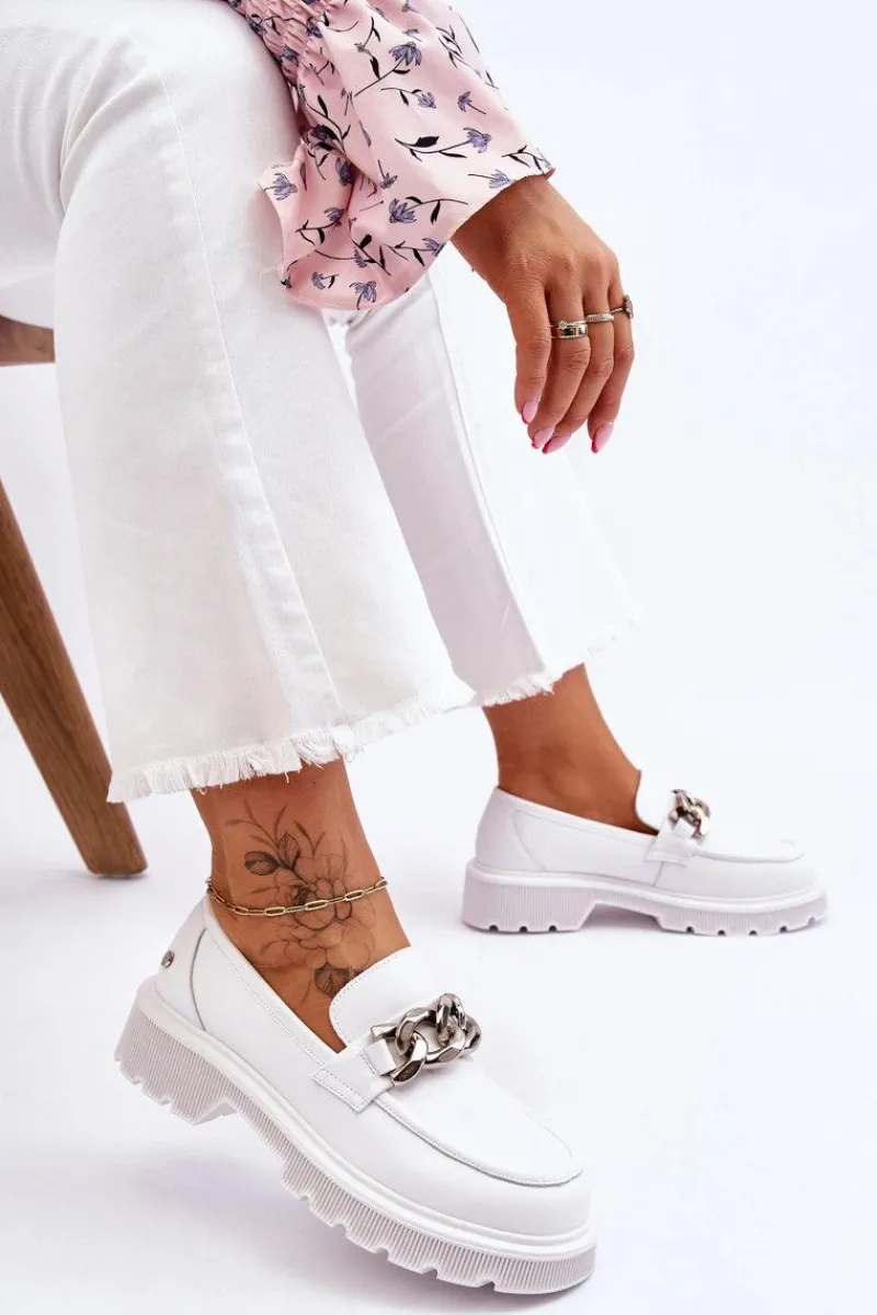 Mokasyny Damskie Skórzane>GOE Skórzane Mokasyny Z Łańcuchem LL2N4038 Białe