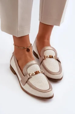 Online Skórzane Mokasyny Z Ozdobą Złote 06442-25 Złote Damskie Loafersy Damskie|Półbuty Skórzane