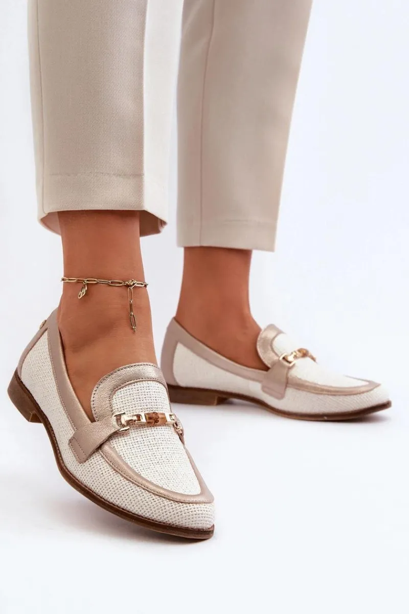 Online Skórzane Mokasyny Z Ozdobą Złote 06442-25 Złote Damskie Loafersy Damskie|Półbuty Skórzane