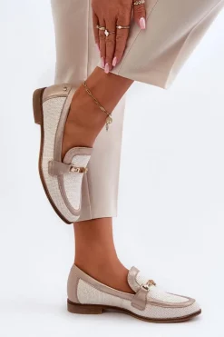 Online Skórzane Mokasyny Z Ozdobą Złote 06442-25 Złote Damskie Loafersy Damskie|Półbuty Skórzane