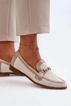 Online Skórzane Mokasyny Z Ozdobą Złote 06442-25 Złote Damskie Loafersy Damskie|Półbuty Skórzane