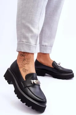 Clearance Skórzane Mokasyny Z Ozdobą Na Platformie Czarne Glory Damskie Mokasyny Damskie Skórzane|Mokasyny Na Platformie