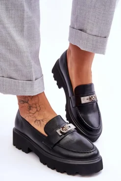 Clearance Skórzane Mokasyny Z Ozdobą Na Platformie Czarne Glory Damskie Mokasyny Damskie Skórzane|Mokasyny Na Platformie