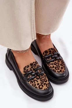New Skórzane Mokasyny Z Ozdobą I Panterką 2965 Czarne Damskie Loafersy Damskie|Mokasyny Płaskie