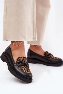 New Skórzane Mokasyny Z Ozdobą I Panterką 2965 Czarne Damskie Loafersy Damskie|Mokasyny Płaskie