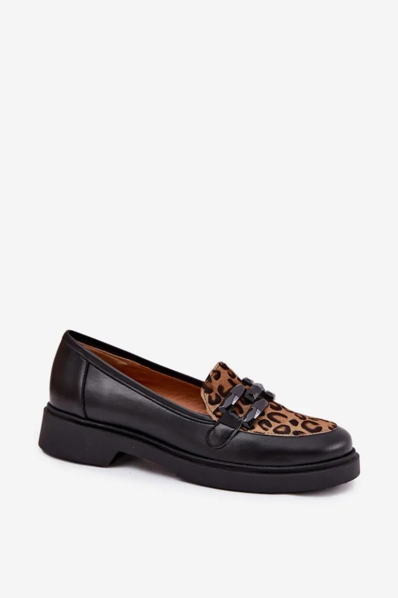 New Skórzane Mokasyny Z Ozdobą I Panterką 2965 Czarne Damskie Loafersy Damskie|Mokasyny Płaskie