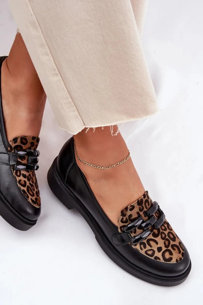 New Skórzane Mokasyny Z Ozdobą I Panterką 2965 Czarne Damskie Loafersy Damskie|Mokasyny Płaskie