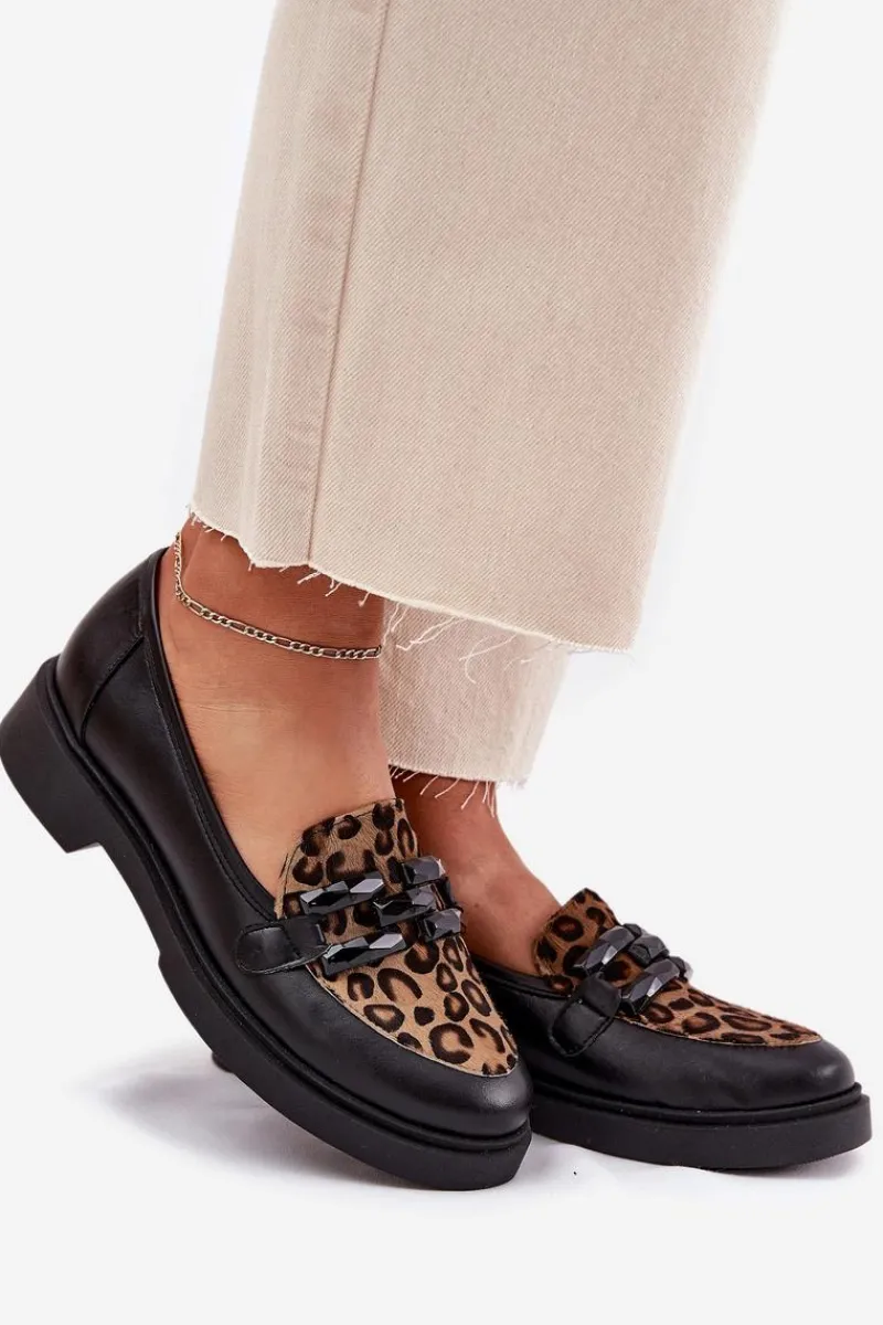 New Skórzane Mokasyny Z Ozdobą I Panterką 2965 Czarne Damskie Loafersy Damskie|Mokasyny Płaskie