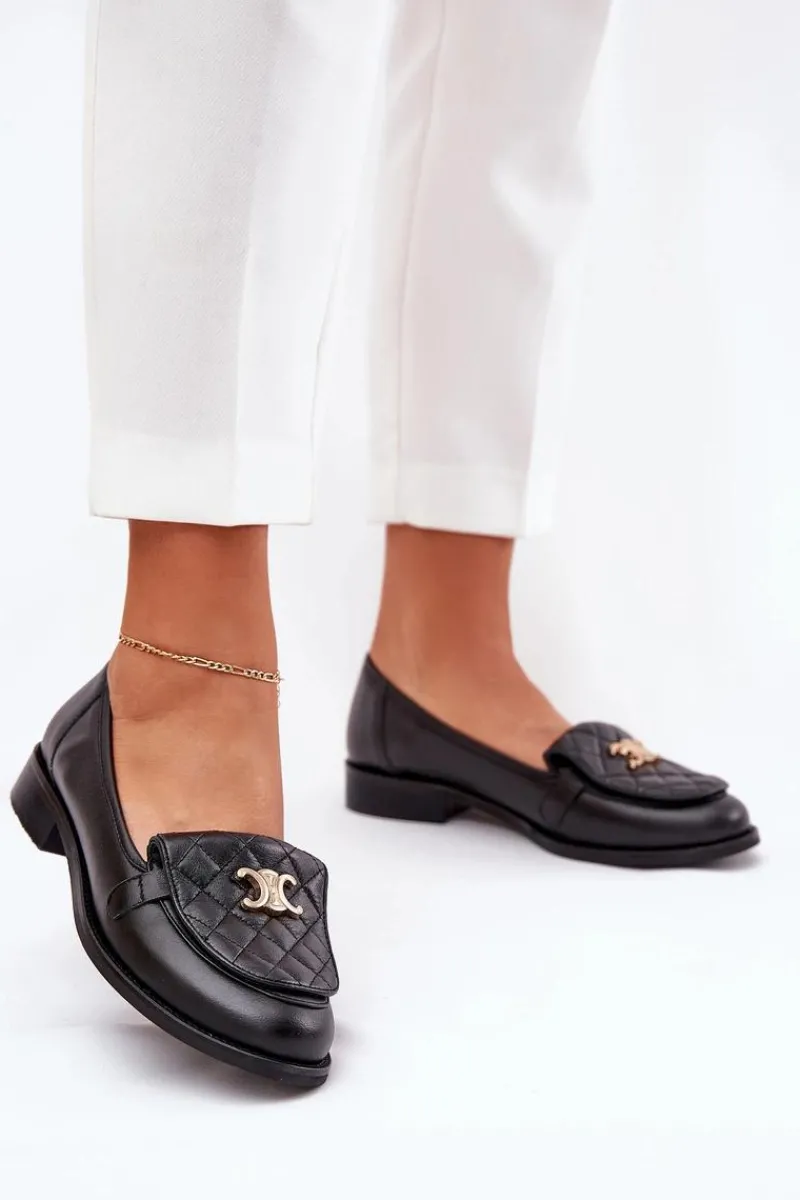 Laura Messi Skórzane Mokasyny Ze Złotą Ozdobą 2927 Czarne