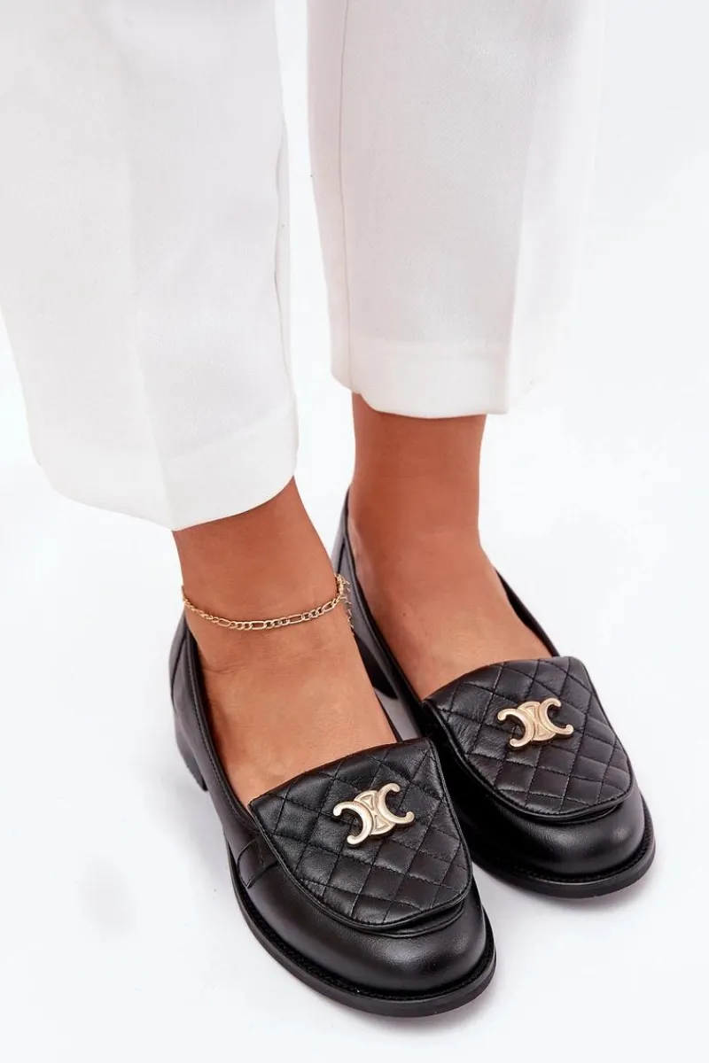 Laura Messi Skórzane Mokasyny Ze Złotą Ozdobą 2927 Czarne