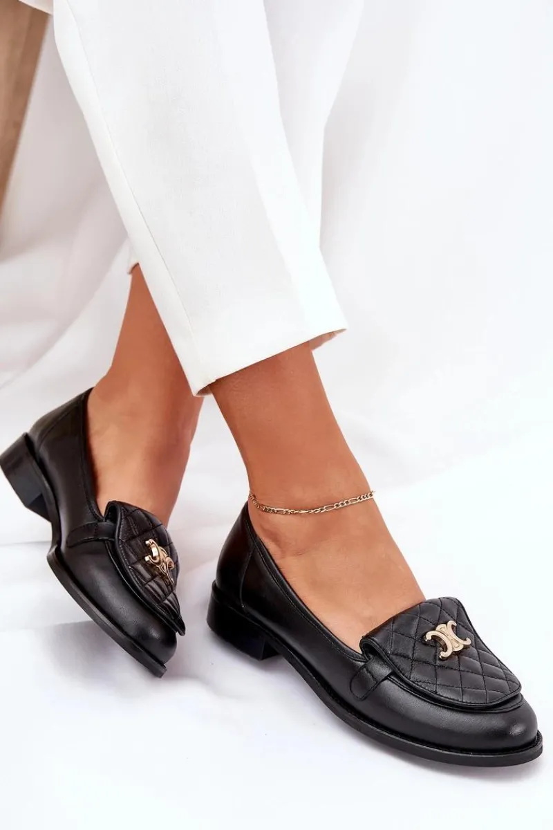 Laura Messi Skórzane Mokasyny Ze Złotą Ozdobą 2927 Czarne