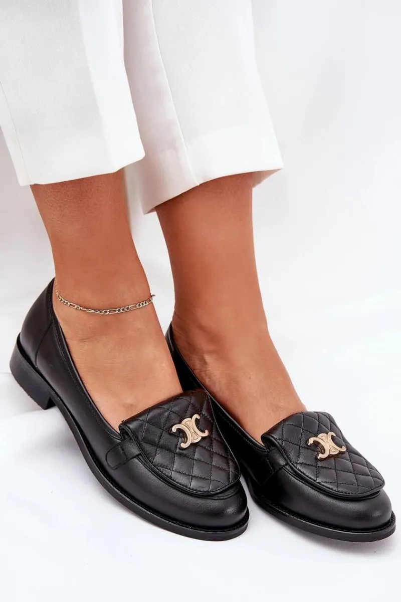 Laura Messi Skórzane Mokasyny Ze Złotą Ozdobą 2927 Czarne