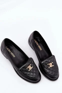 Laura Messi Skórzane Mokasyny Ze Złotą Ozdobą 2927 Czarne