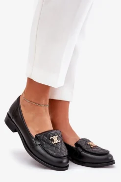 Laura Messi Skórzane Mokasyny Ze Złotą Ozdobą 2927 Czarne