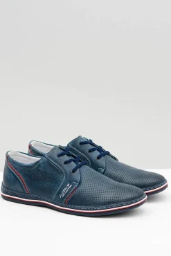 Clearance Boto Skórzane Męskie Sznurowane Granatowe Ażurowe Półbuty Markos