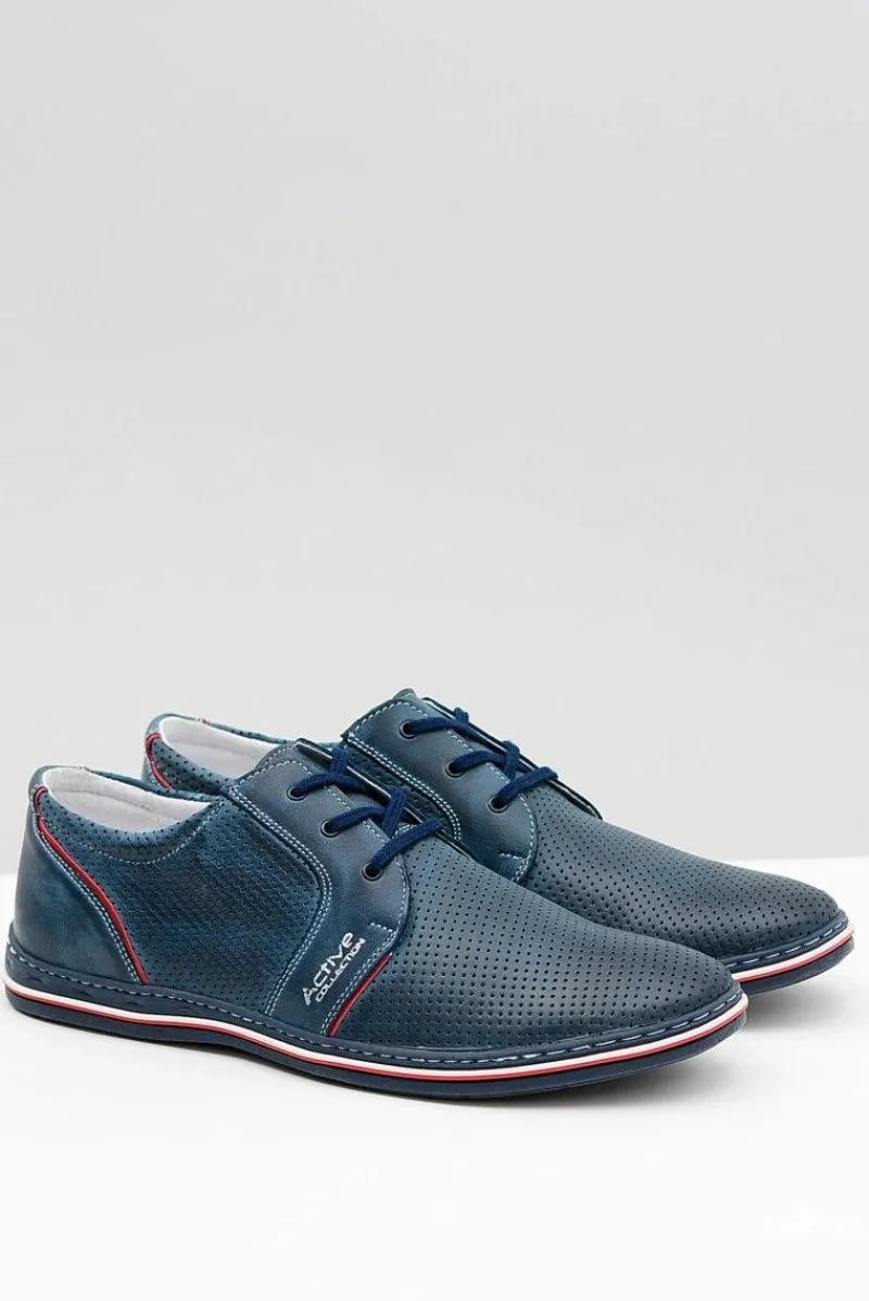 Clearance Boto Skórzane Męskie Sznurowane Granatowe Ażurowe Półbuty Markos