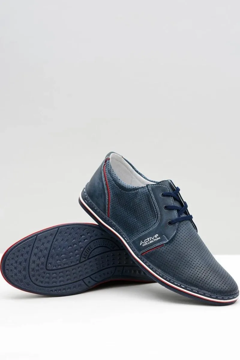 Clearance Boto Skórzane Męskie Sznurowane Granatowe Ażurowe Półbuty Markos