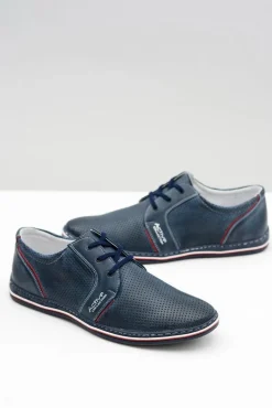 Clearance Boto Skórzane Męskie Sznurowane Granatowe Ażurowe Półbuty Markos