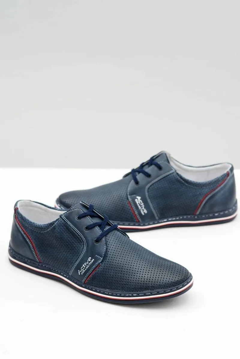 Clearance Boto Skórzane Męskie Sznurowane Granatowe Ażurowe Półbuty Markos