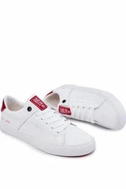 Outlet Skórzane Męskie Tenisówki Big Star JJ174106 Biało-Czerwone Męskie Trampki Męskie Big Star|Trampki Niskie
