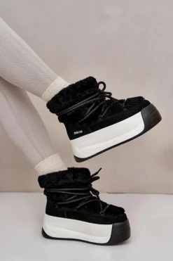 Online Big Star Shoes Skórzane Śniegowce Damskie Na Grubej Podeszwie Z Futerkiem Big Star OO274A206 Czarne Czarny