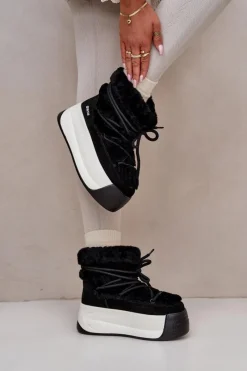 Online Big Star Shoes Skórzane Śniegowce Damskie Na Grubej Podeszwie Z Futerkiem Big Star OO274A206 Czarne Czarny