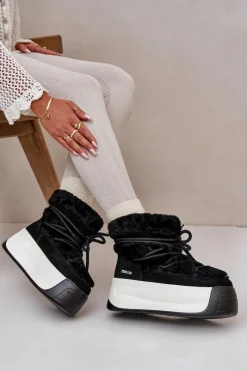 Online Big Star Shoes Skórzane Śniegowce Damskie Na Grubej Podeszwie Z Futerkiem Big Star OO274A206 Czarne Czarny