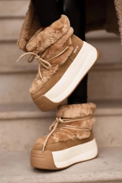 Outlet Skórzane Śniegowce Damskie Na Grubej Podeszwie Z Futerkiem Big Star OO274A207 Brązowe Damskie Śniegowce Damskie