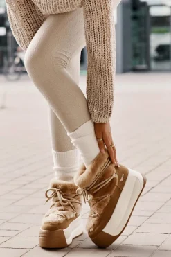 Outlet Skórzane Śniegowce Damskie Na Grubej Podeszwie Z Futerkiem Big Star OO274A207 Brązowe Damskie Śniegowce Damskie