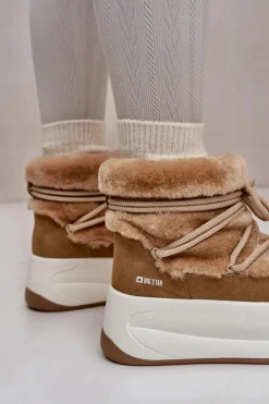 Outlet Skórzane Śniegowce Damskie Na Grubej Podeszwie Z Futerkiem Big Star OO274A207 Brązowe Damskie Śniegowce Damskie