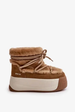 Outlet Skórzane Śniegowce Damskie Na Grubej Podeszwie Z Futerkiem Big Star OO274A207 Brązowe Damskie Śniegowce Damskie