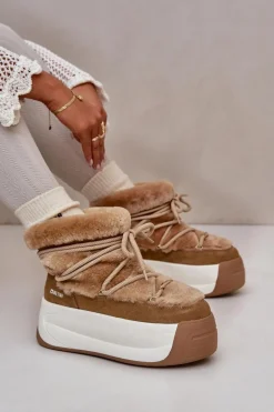 Outlet Skórzane Śniegowce Damskie Na Grubej Podeszwie Z Futerkiem Big Star OO274A207 Brązowe Damskie Śniegowce Damskie