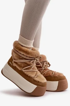 Outlet Skórzane Śniegowce Damskie Na Grubej Podeszwie Z Futerkiem Big Star OO274A207 Brązowe Damskie Śniegowce Damskie