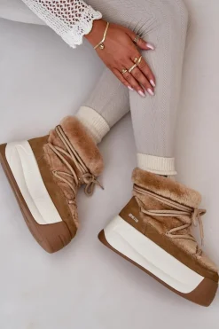 Outlet Skórzane Śniegowce Damskie Na Grubej Podeszwie Z Futerkiem Big Star OO274A207 Brązowe Damskie Śniegowce Damskie