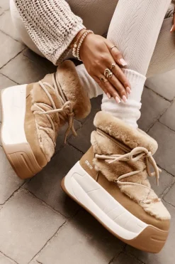 Outlet Skórzane Śniegowce Damskie Na Grubej Podeszwie Z Futerkiem Big Star OO274A207 Brązowe Damskie Śniegowce Damskie