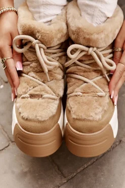 Outlet Skórzane Śniegowce Damskie Na Grubej Podeszwie Z Futerkiem Big Star OO274A207 Brązowe Damskie Śniegowce Damskie