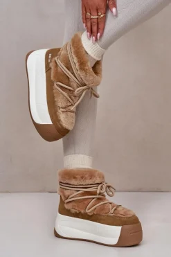 Outlet Skórzane Śniegowce Damskie Na Grubej Podeszwie Z Futerkiem Big Star OO274A207 Brązowe Damskie Śniegowce Damskie