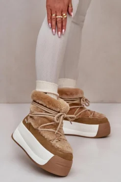 Outlet Skórzane Śniegowce Damskie Na Grubej Podeszwie Z Futerkiem Big Star OO274A207 Brązowe Damskie Śniegowce Damskie