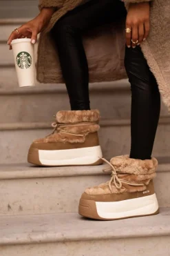 Outlet Skórzane Śniegowce Damskie Na Grubej Podeszwie Z Futerkiem Big Star OO274A207 Brązowe Damskie Śniegowce Damskie