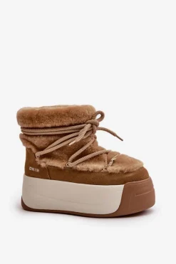 Outlet Skórzane Śniegowce Damskie Na Grubej Podeszwie Z Futerkiem Big Star OO274A207 Brązowe Damskie Śniegowce Damskie