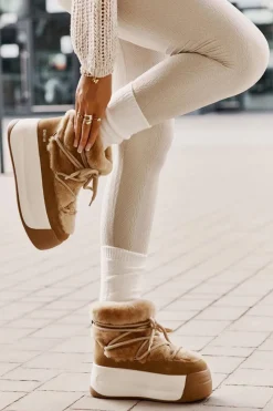 Outlet Skórzane Śniegowce Damskie Na Grubej Podeszwie Z Futerkiem Big Star OO274A207 Brązowe Damskie Śniegowce Damskie