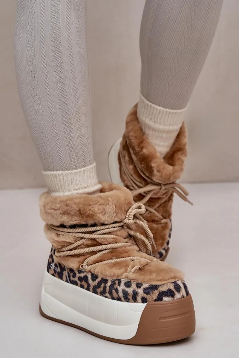 Śniegowce Damskie>Big Star Shoes Skórzane Śniegowce Damskie Na Grubej Podeszwie Z Futerkiem Panterka Big Star OO274A208 Brązowe Brązowy