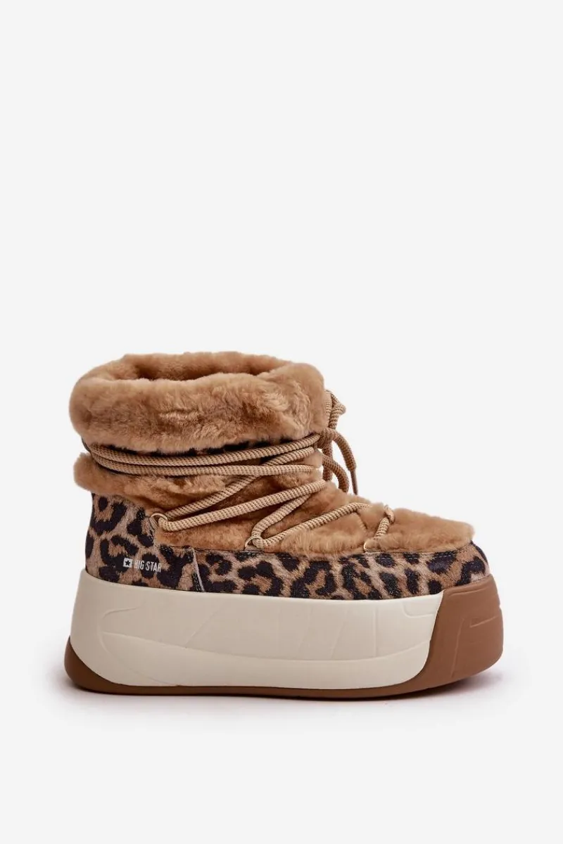 Śniegowce Damskie>Big Star Shoes Skórzane Śniegowce Damskie Na Grubej Podeszwie Z Futerkiem Panterka Big Star OO274A208 Brązowe Brązowy