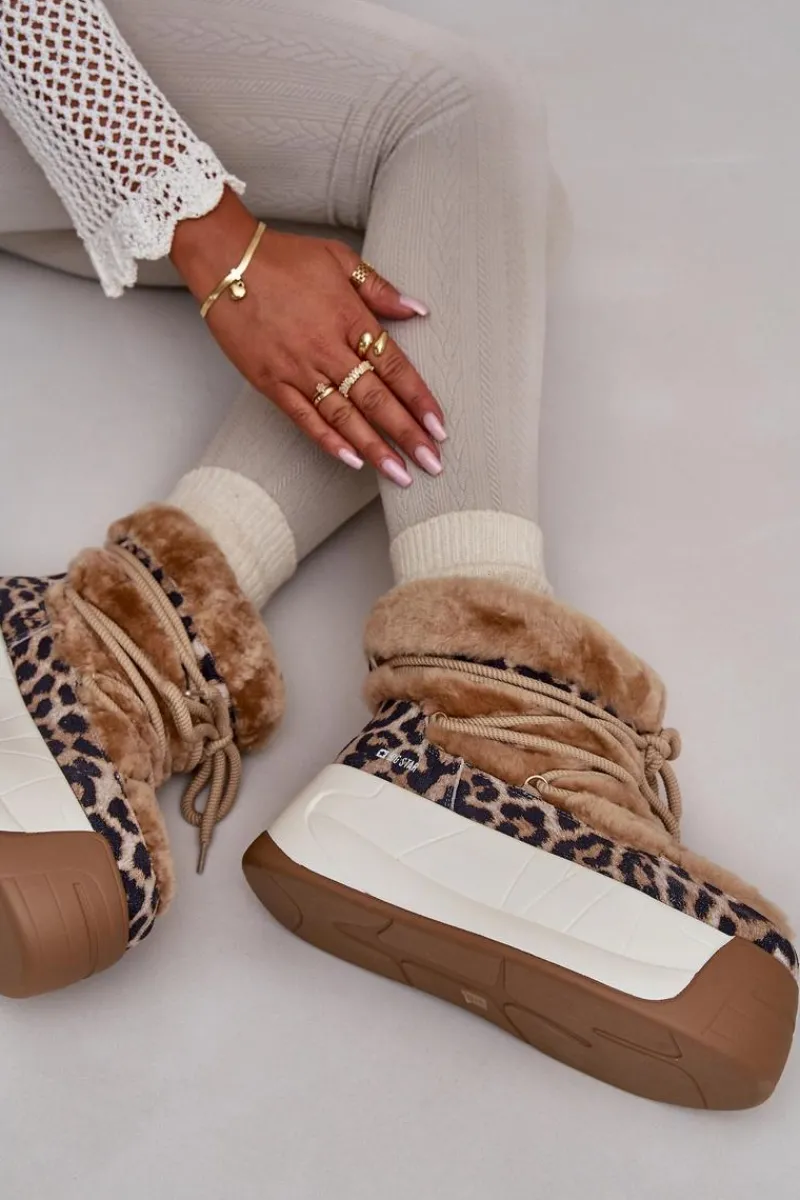 Śniegowce Damskie>Big Star Shoes Skórzane Śniegowce Damskie Na Grubej Podeszwie Z Futerkiem Panterka Big Star OO274A208 Brązowe Brązowy