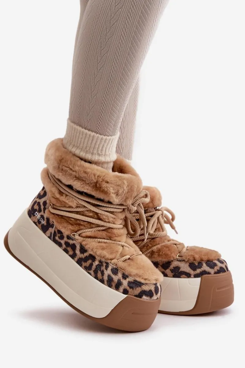 Śniegowce Damskie>Big Star Shoes Skórzane Śniegowce Damskie Na Grubej Podeszwie Z Futerkiem Panterka Big Star OO274A208 Brązowe Brązowy